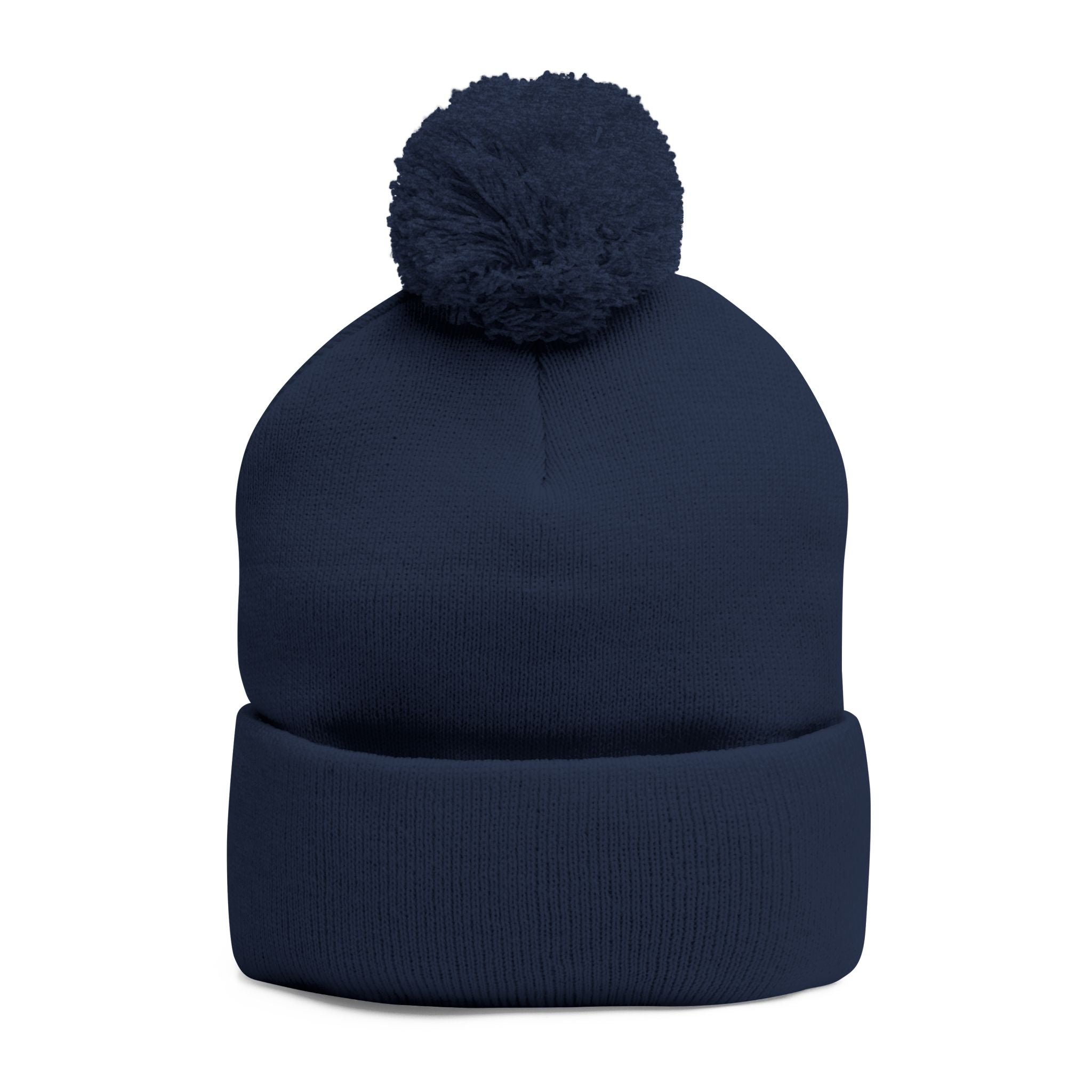 Reps Script Embroidered Beanie | Pom Pom Knit Cap, Navy Yellow Logo