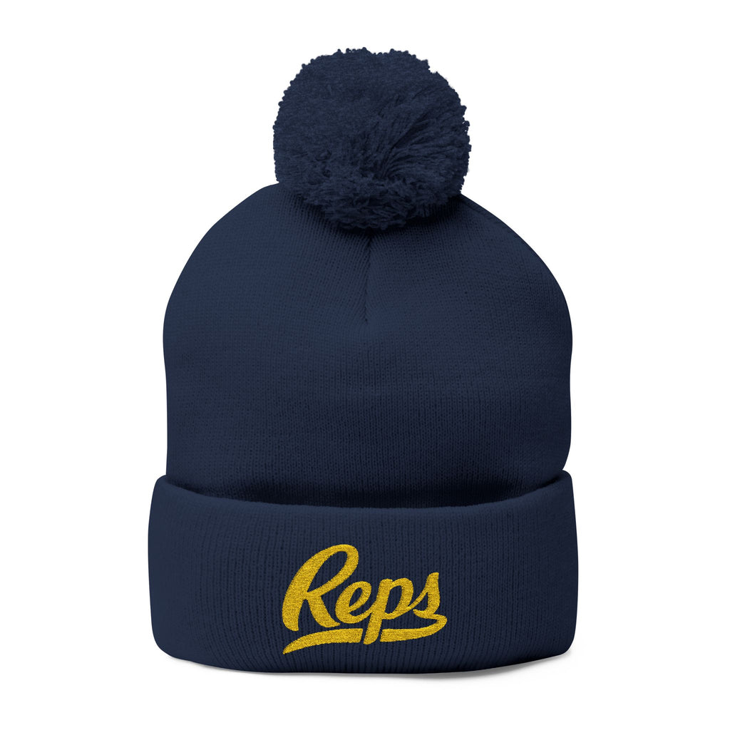 Reps Script Embroidered Beanie | Pom Pom Knit Cap, Navy Yellow Logo