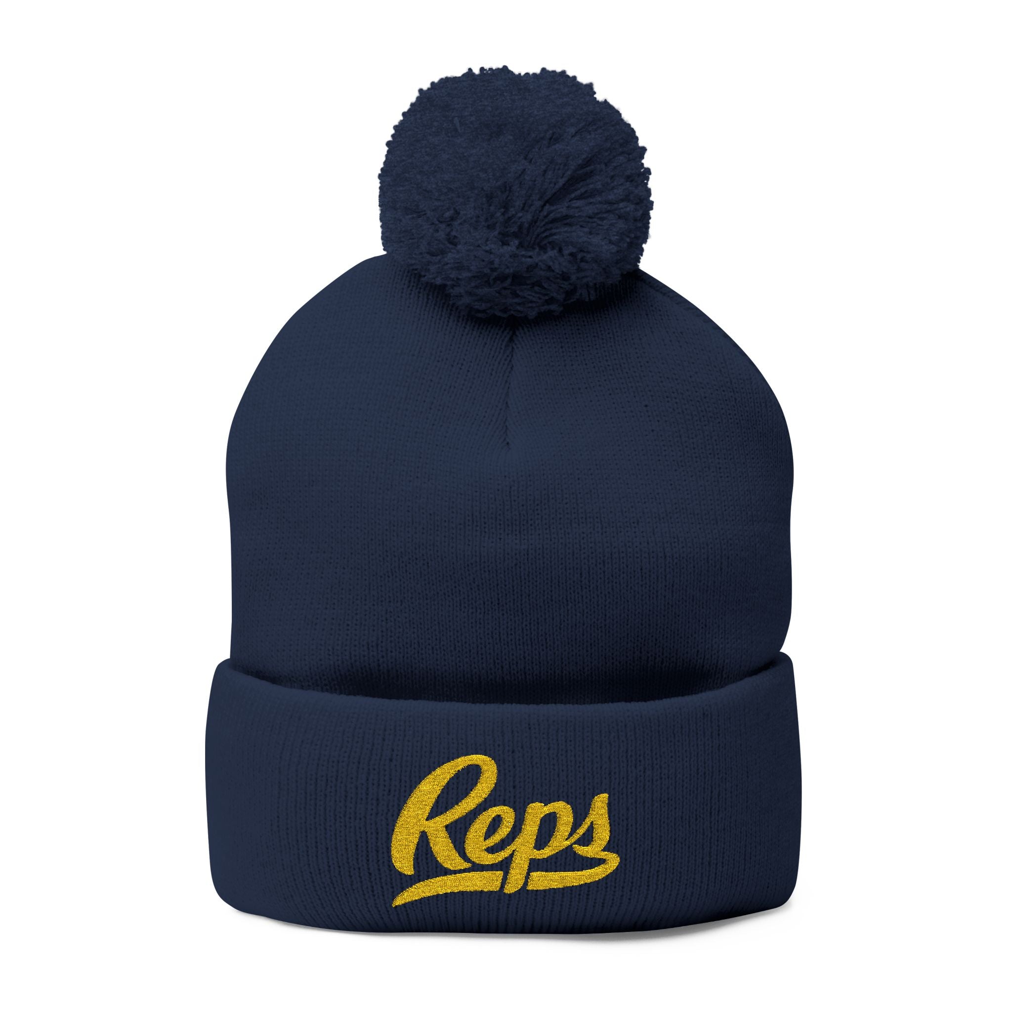 Reps Script Embroidered Beanie | Pom Pom Knit Cap, Navy Yellow Logo